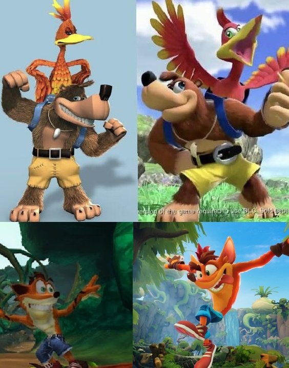 Crash and Banjo-Kazooie 

Both having glowups after the Xbox 360 era