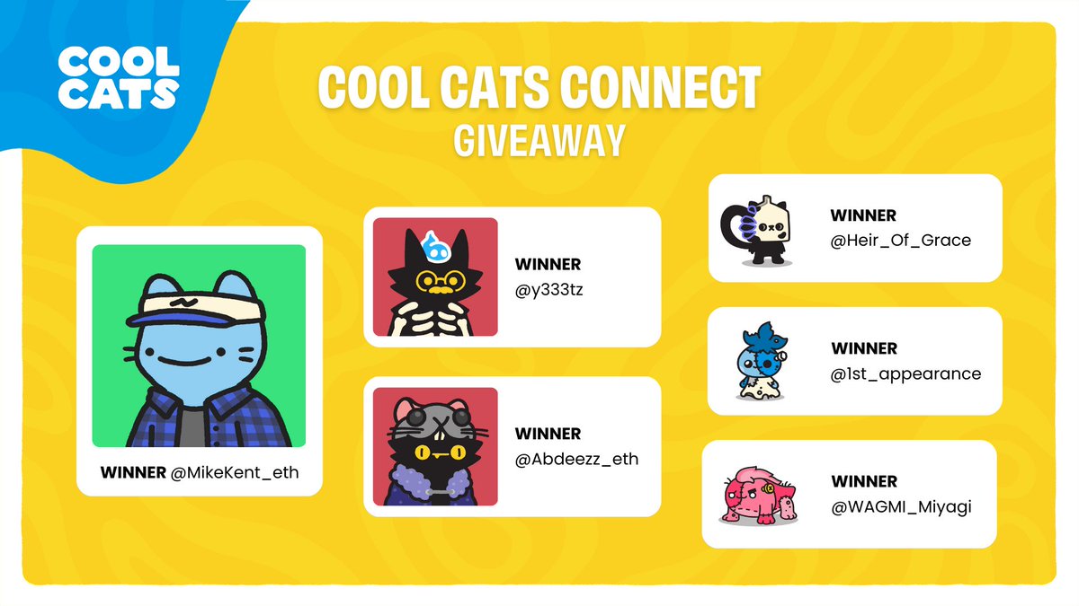 MEET OUR RAFFLE WINNERS Thank you to everyone who supported our Grand Opening at @coolcatsconnect! We're just getting started, so stay tuned. Prizes will be sent within 24 hours. Check out and congratulate the winners in the thread below! 👇