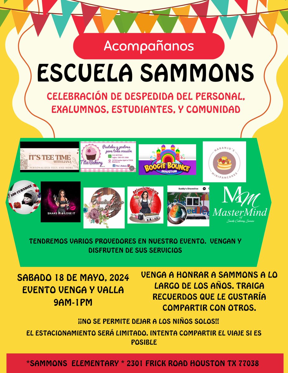 Join us for our Sammons Alumni and Community Farewell Celebration. May 18, 2024 9-1PM @AldineISD --------------------- Acompañenos para nuestra celebracio de fin de año de Sammons. 18 de mayo 9-1PM