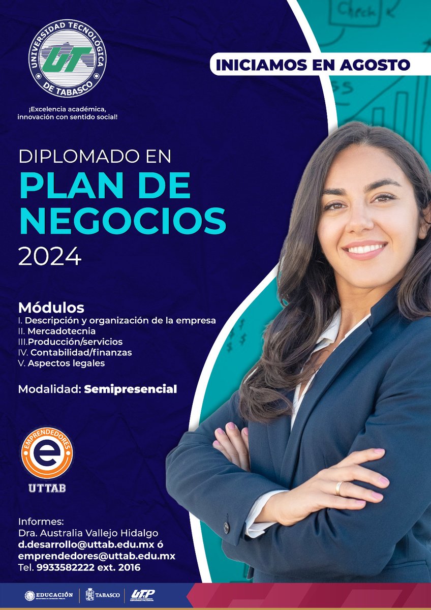 ¡Únete a nosotros en el Diplomado en Plan de Negocios 2024! 🎓 🗓️ Iniciamos en agosto 📍 Universidad Tecnológica de Tabasco Modalidad semipresencial.