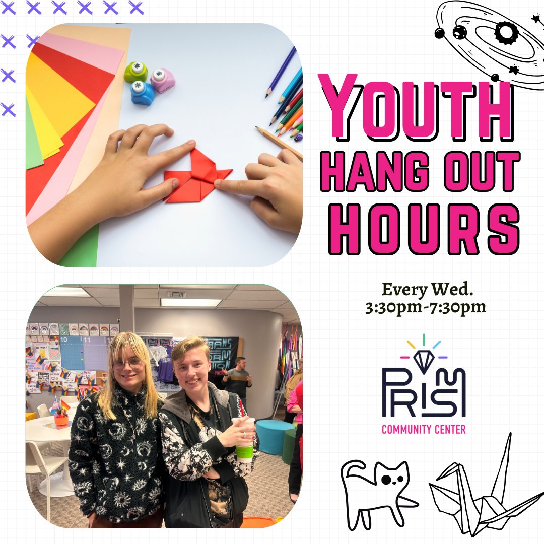 This week for Youth Hang Out Hours we will be doing origami!🌈Youth Drop-in Hours are a time for you to use however you want to- enjoy a quiet corner, or join the group activity.⁠ Make Wednesday the highlight of your week at the Prism Center🌟

#PrismYouthHangOut #PrismCenter ⁠