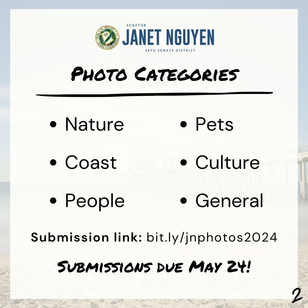 Announcing my annual Senate District 36 photo contest. This is an excellent opportunity to show off your photography skills and have your work featured in my senate office!

Submissions are due by May 24. Link in my bio. #SD36