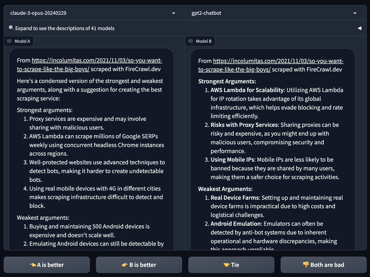 We used FireCrawl to test the new secret 'gpt2-chatbot' model with scraped web data 👀 It is one of the strongest models we have used so far. Here is it compared to Opus:
