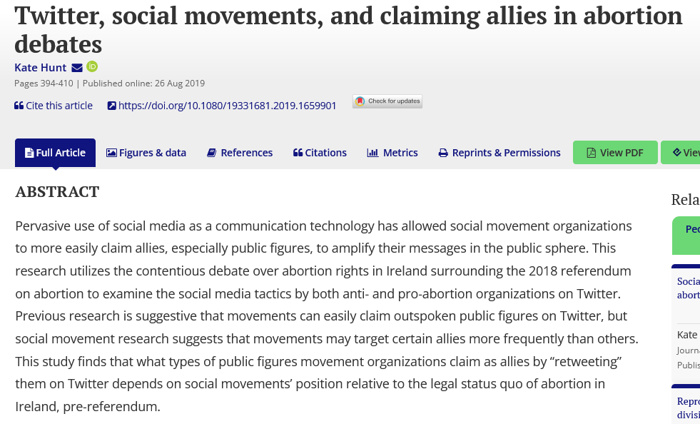 Dr. Hunt examines the #socialmedia 📲strategies utilized by both anti- and pro-abortion orgs on #Twitter throughout the debate over #abortion rights in Ireland 🇮🇪surrounding the 2018 referendum on abortion. #throwback ➡️tandfonline.com/doi/full/10.10… @apsa_itp @APSAtweets