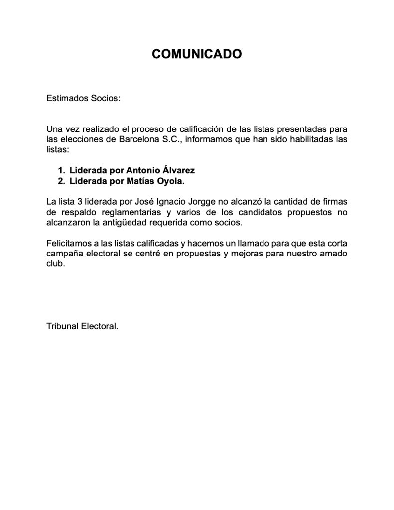 Tribunal Electoral comunica que calificaron dos de las 3 listas que pretendían participar🔥 La lista eliminada ni siquiera pudo reunir las firmas de respaldo de los socios 😂 Lista 1 = Antonio Alvarez Lista 2 = Matías Oyola