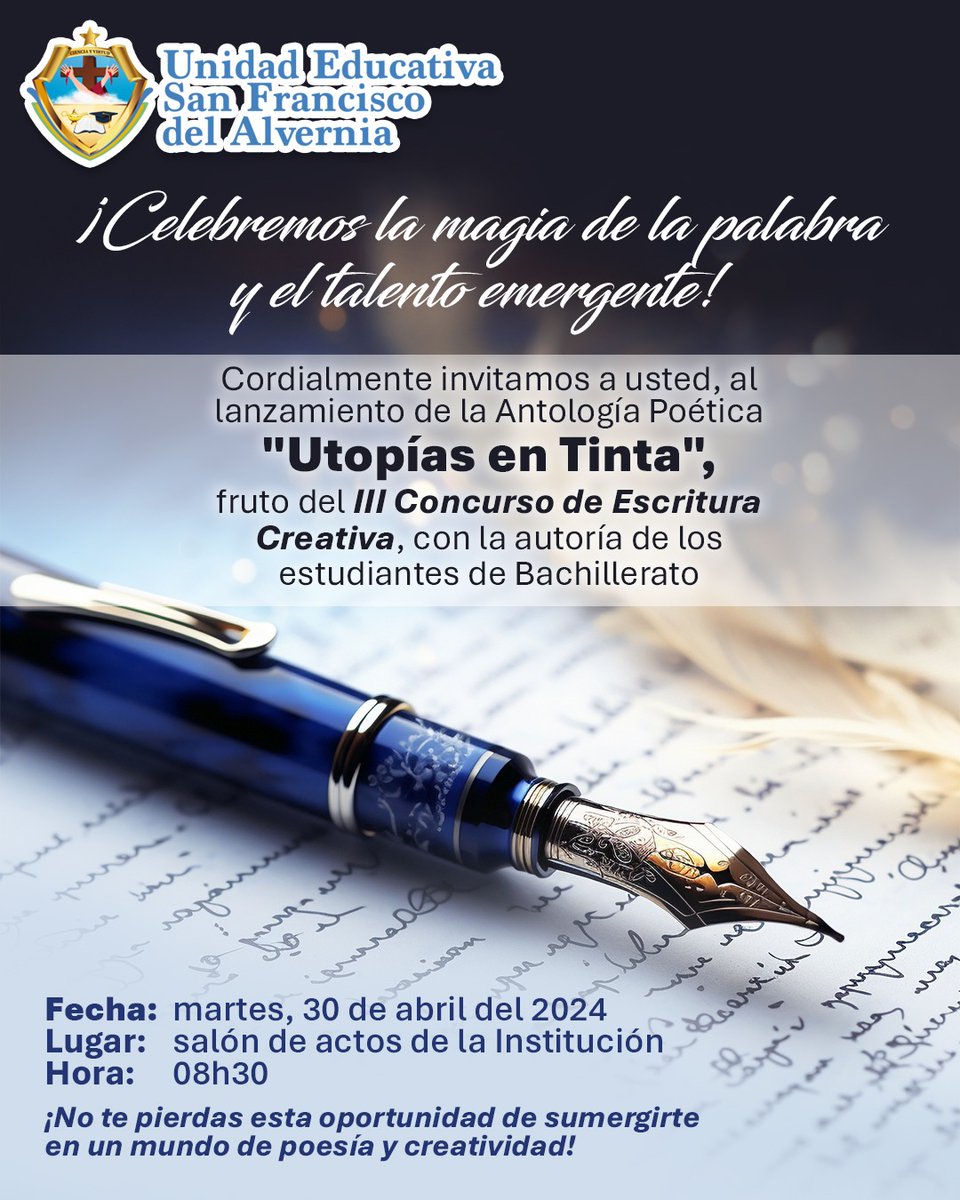 ¡Celebremos la magia de la palabra y el talento emergente!
Lanzamiento de la Antología Poética 'Utopías en Tinta'.
¡No te pierdas esta oportunidad de sumergirte en un mundo de poesía y creatividad!