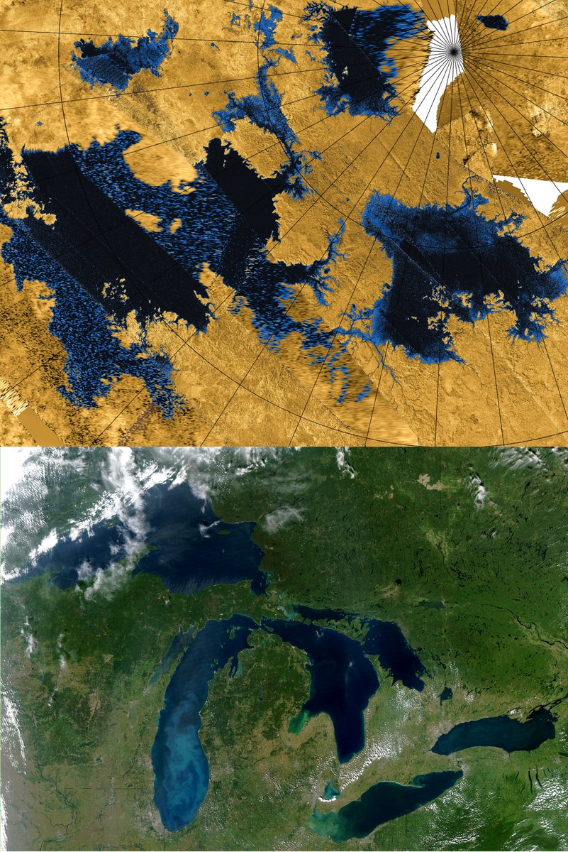 If you thought Earth is the only place with lakes, think again! This false-color radar image (top) shows lakes on Titan comparable in size to Earth's Great Lakes (bottom), but Titan's lakes are filled with liquid methane! It's so cold that water ice acts more like a rock!