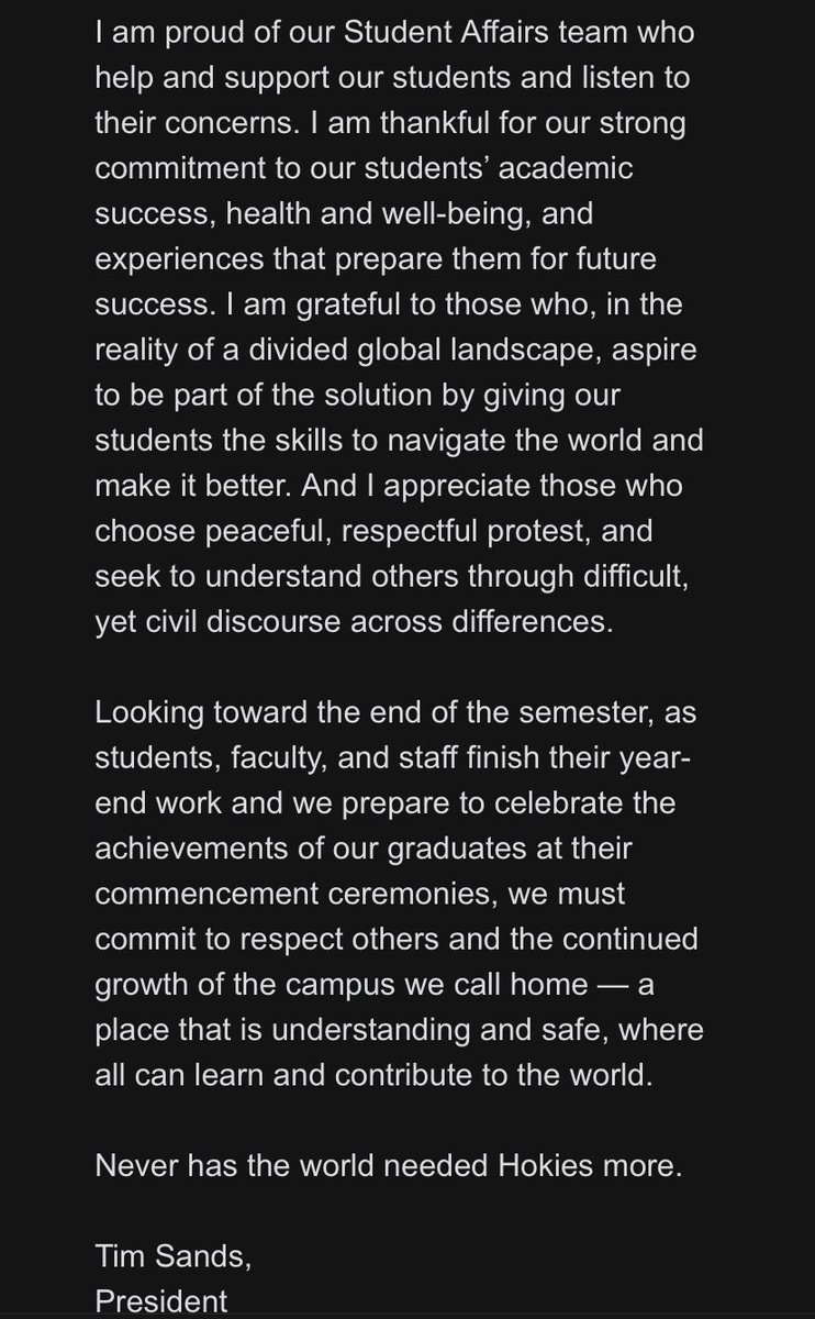 virginia tech president tim sands sends out a message about the encampment arrests that happened overnight: