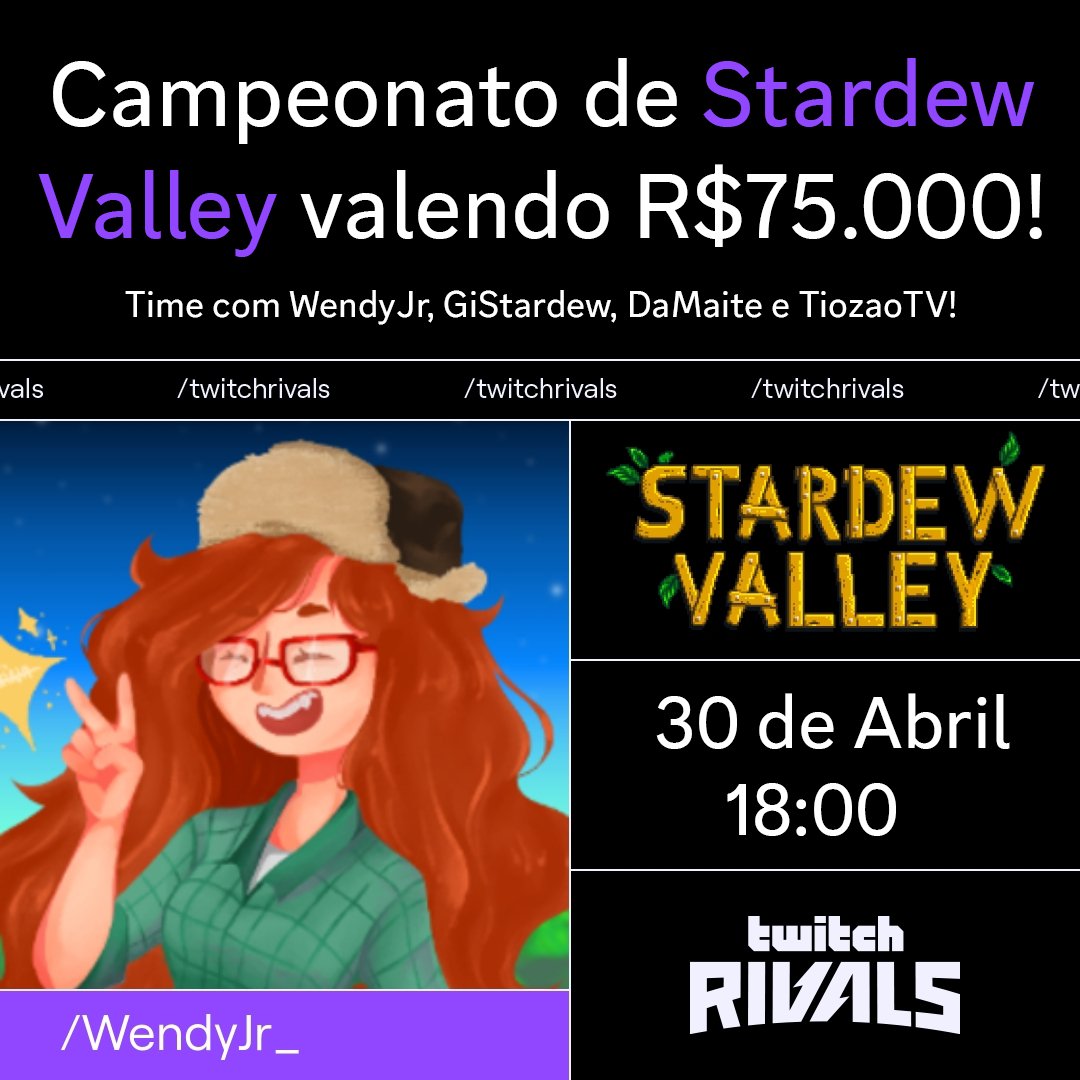 BRASIL TÁ DENTRO DO MAIOR CAMPEONATO DE STARDEW VALLEY!!!! 🇧🇷 🏆 Meu time vai ser com @damaite_, @StardewDicas e TiozãoTV! 🗓️Amanhã às 18:00 📍twitch . tv / wendyjr_ Muito obrigada a todo mundo que me marcou e fez isso ser possível, vamos fazer nosso melhor!!! ❤️