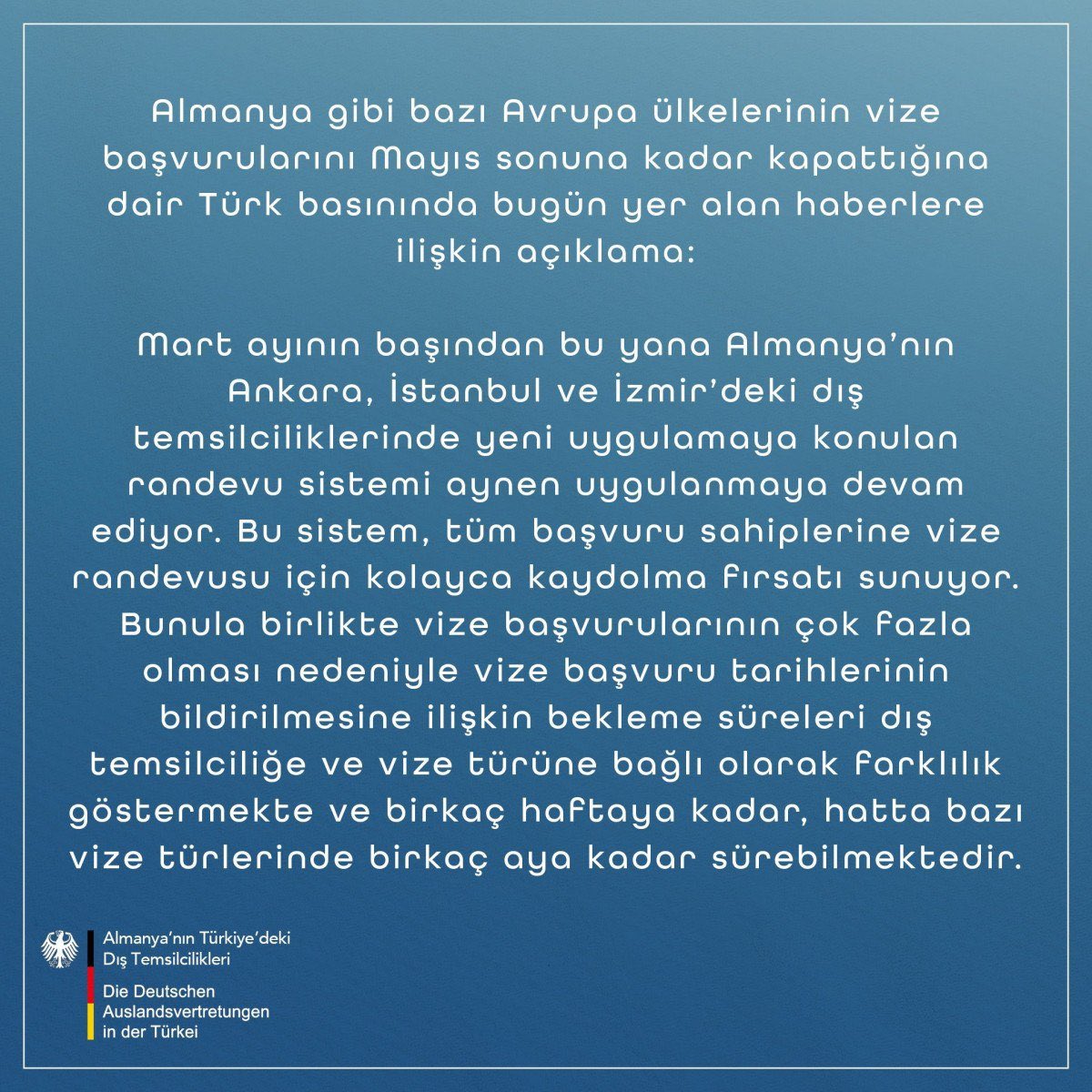 ✖️“Türk vatandaşlarına vize başvuruları kapatıldı” iddiası yalan. ✅Büyükelçiliklerde, vize başvurularındaki yoğunluk nedeniyle randevular ileri tarihlere sarkabiliyor ve bu sorunu aşmak için ilgili büyükelçilikler çalışmalarını sürdürüyor. Başvuruların kapatılması söz konusu