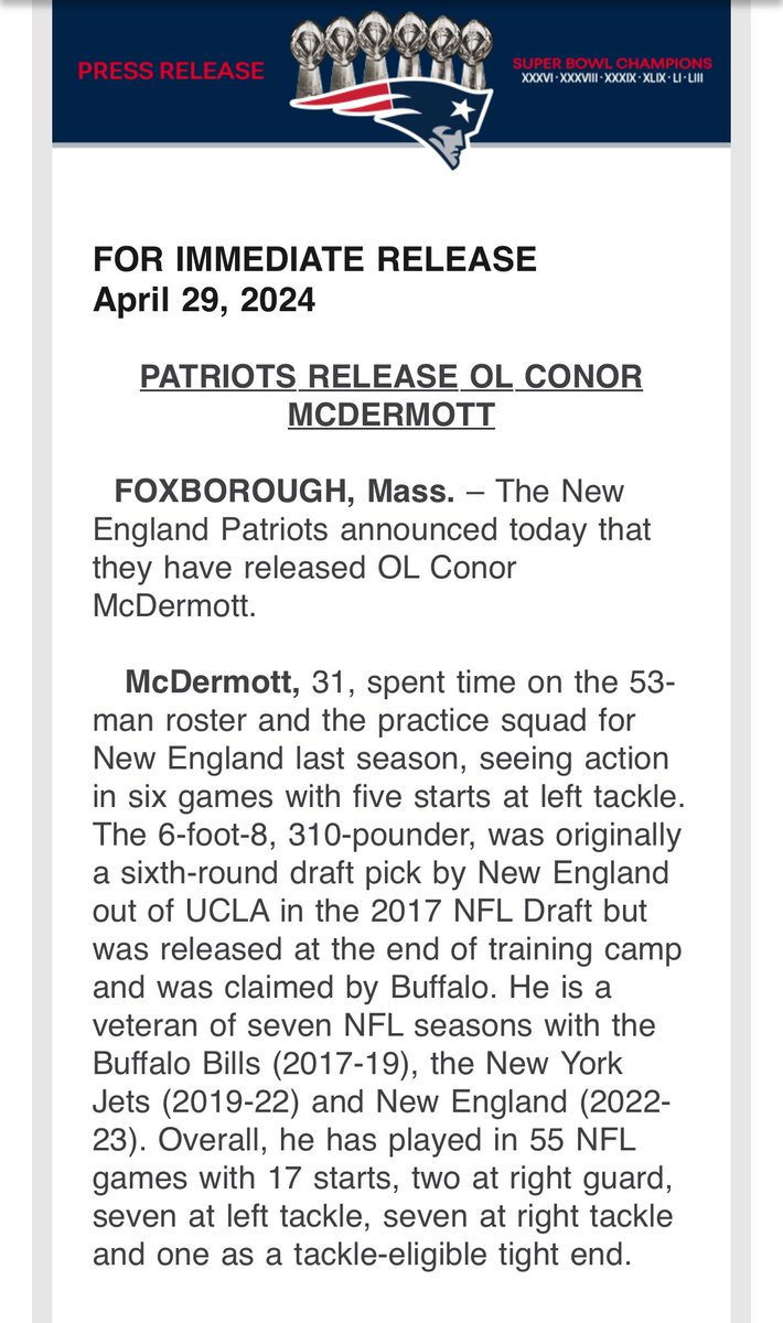 Patriots officially release Conor McDermott