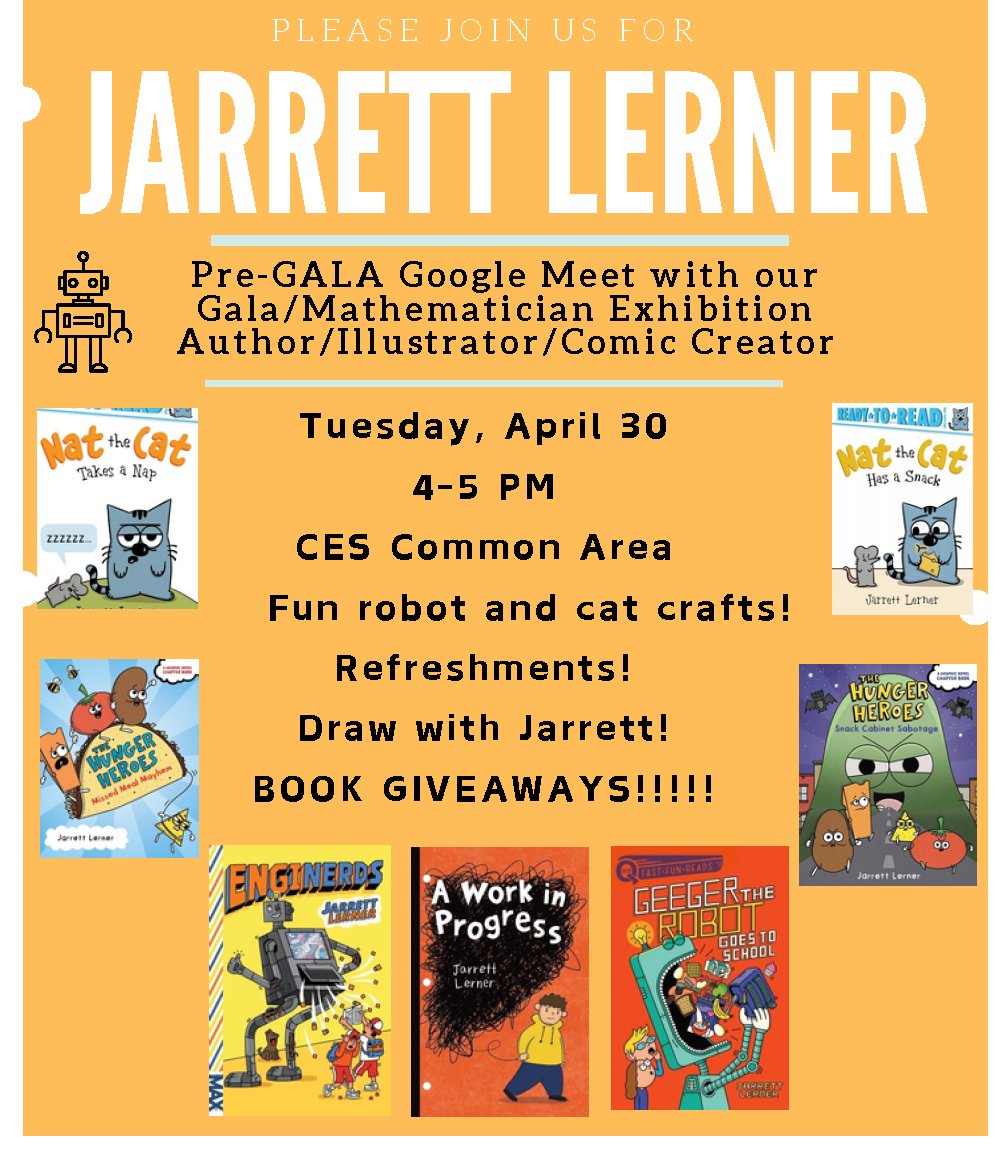 Tomorrow (Apr. 30)! Meet author/illustrator @Jarrett_Lerner, get FREE BOOKS, make crafts, draw & more! Walk-ins welcome but RSVP if you can @ tinyurl.com/53b74s7t 📚When: Apr. 30 from 4-5 PM PM in the CES Common Area 📚What: Google Meet with author/illustrator Jarrett Lerner!