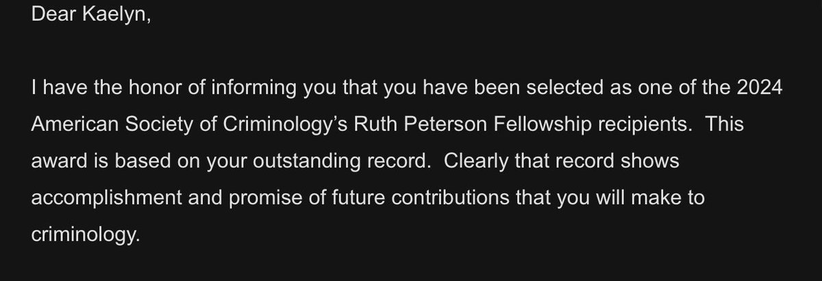 I am so excited to announce that I am a recipient of the 2024 @ASCRM41 Ruth D. Peterson Fellowship! It’s an honor to win this award named after Dr. Peterson (who is also a fellow buckeye😁) and that my chair @j_cobbina also won as a graduate student!