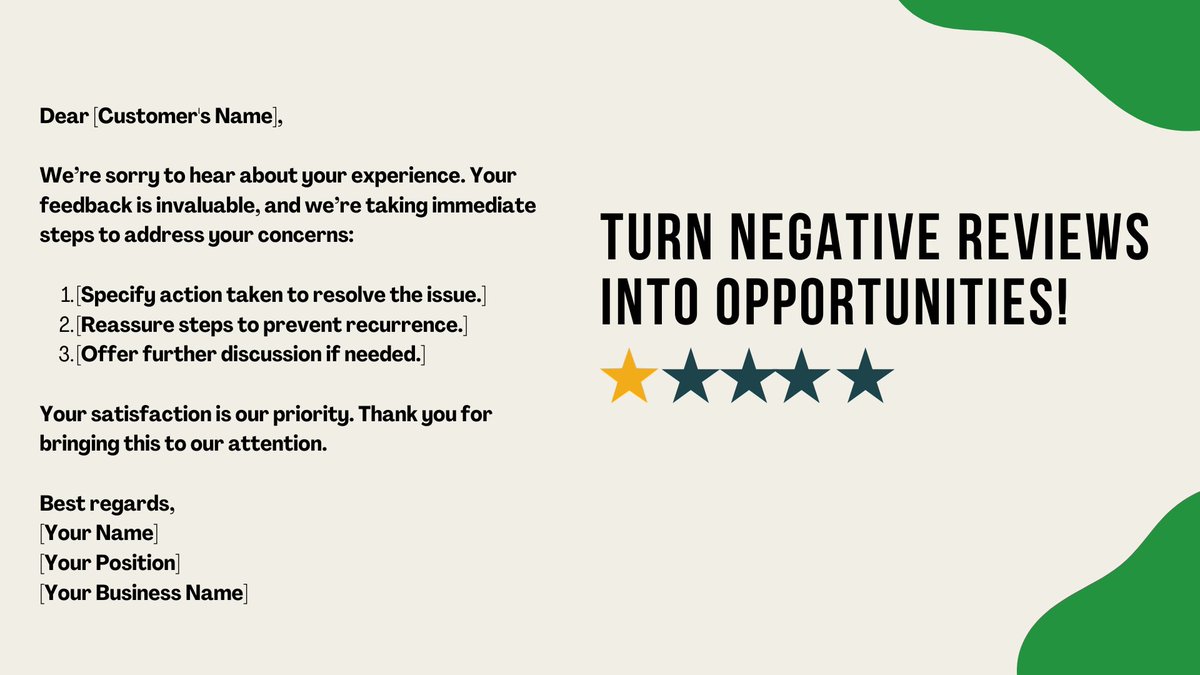 Got a negative review? Don’t stress! Use it as a chance to show your dedication to customer satisfaction with our expertly crafted response template📩
Learn more about reviews management: tinyurl.com/mrxcdwue 

#reviews #reviewsmatter #reviewsmanagement