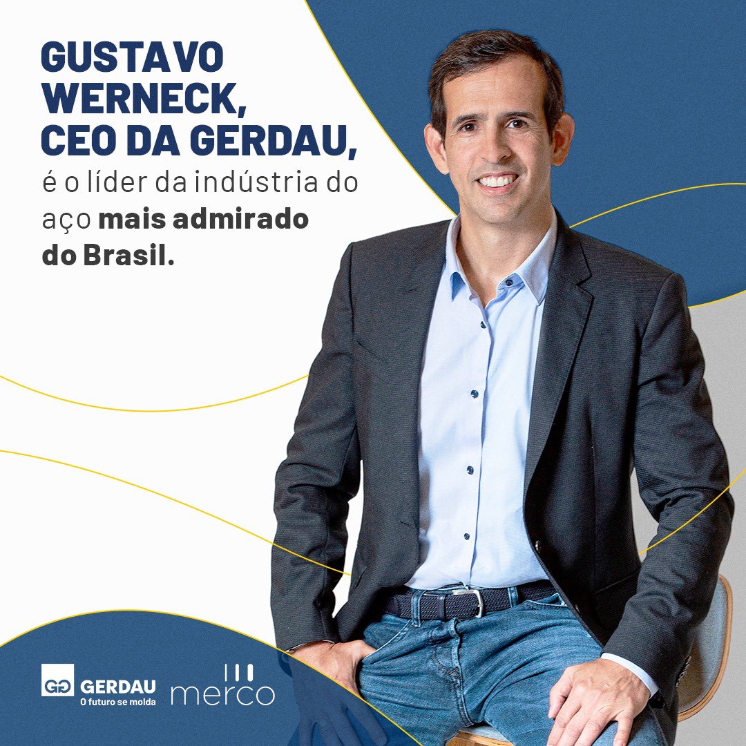 É com orgulho que #GustavoWerneck, CEO da Gerdau, é o líder da indústria do aço + admirado do Brasil, estando entre os 20 líderes com melhor reputação e que + se destacaram no #RankingMerco. Ele avançou 11 posições vs 2023 e ocupa o 19º lugar das “100 lideranças mais admiradas”.