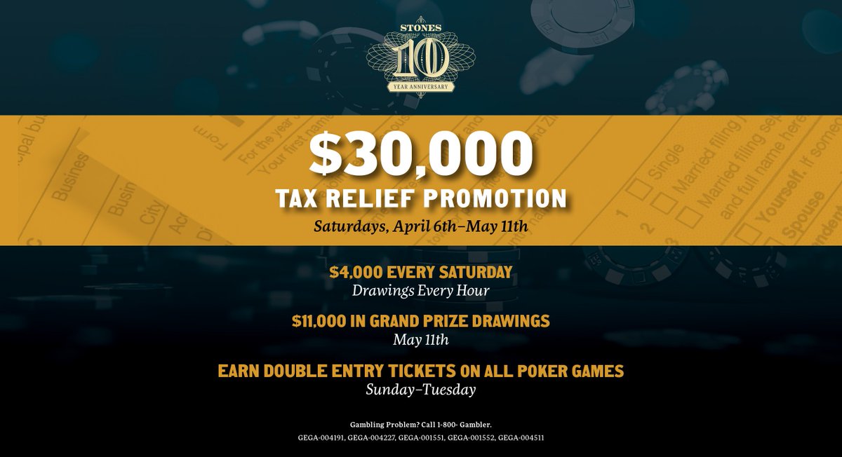 Pull up a chair and we'll deal you in on more than just a game. Unlock a fortune at Stones with our Tax Relief Rally—double your chances, double your thrill, and possibly, double your wins every weekend. Learn more at stonesgamblinghall.com/tax-relief-ral… #StonesGamblingHall #Cardroom