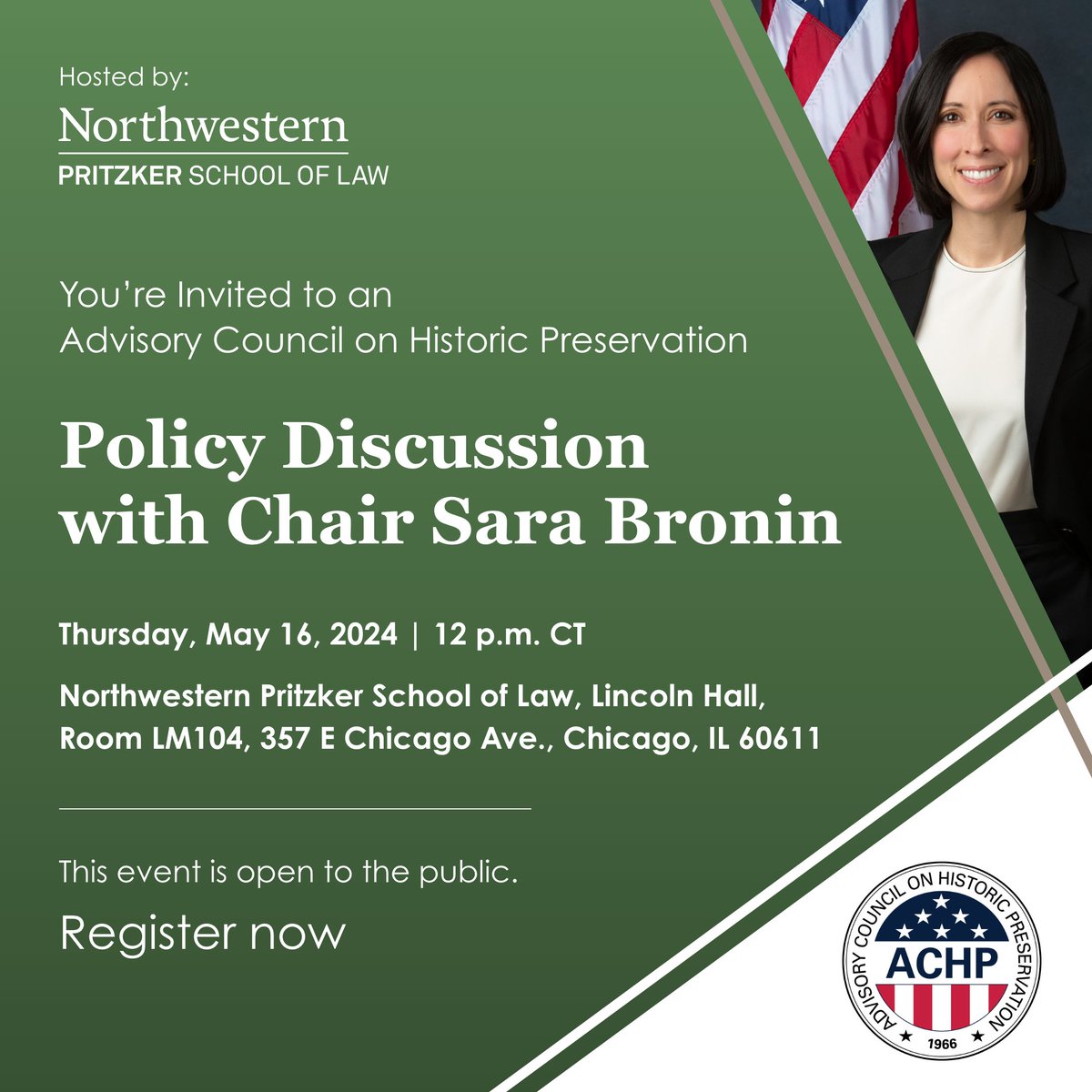 Join ACHP @ChairBronin at 12 p.m. CT Thurs. May 16 @NorthwesternLaw for a discussion of federal preservation law and policy, including new ACHP initiatives on housing and climate change & government actions involving Chicago's historic resources. Register forms.office.com/g/JN19NAJEX8