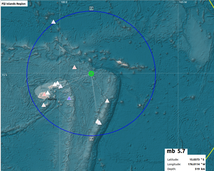 Earthquake Information bulletin issued. Date: 30/04/2024 Time: 08:21:51 AM Magnitude: 5.7 Depth: 519km Location: 322km NE from Lomaloma Village, Vanuabalavu Island, Lau. Offshore Earthquake However, it does not pose any immediate tsunami threat to the Fiji region.