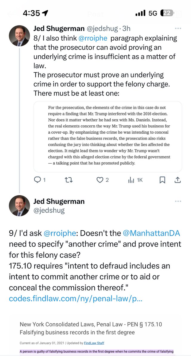 I am amazed at critics of the 2016 election interference trial of Trump who get the most basic facts wrong The DA has specified intent to conceal not just one but THREE other crimes That has been litigated, judge has accepted & all 3 are being proven to jury daily! 1/x