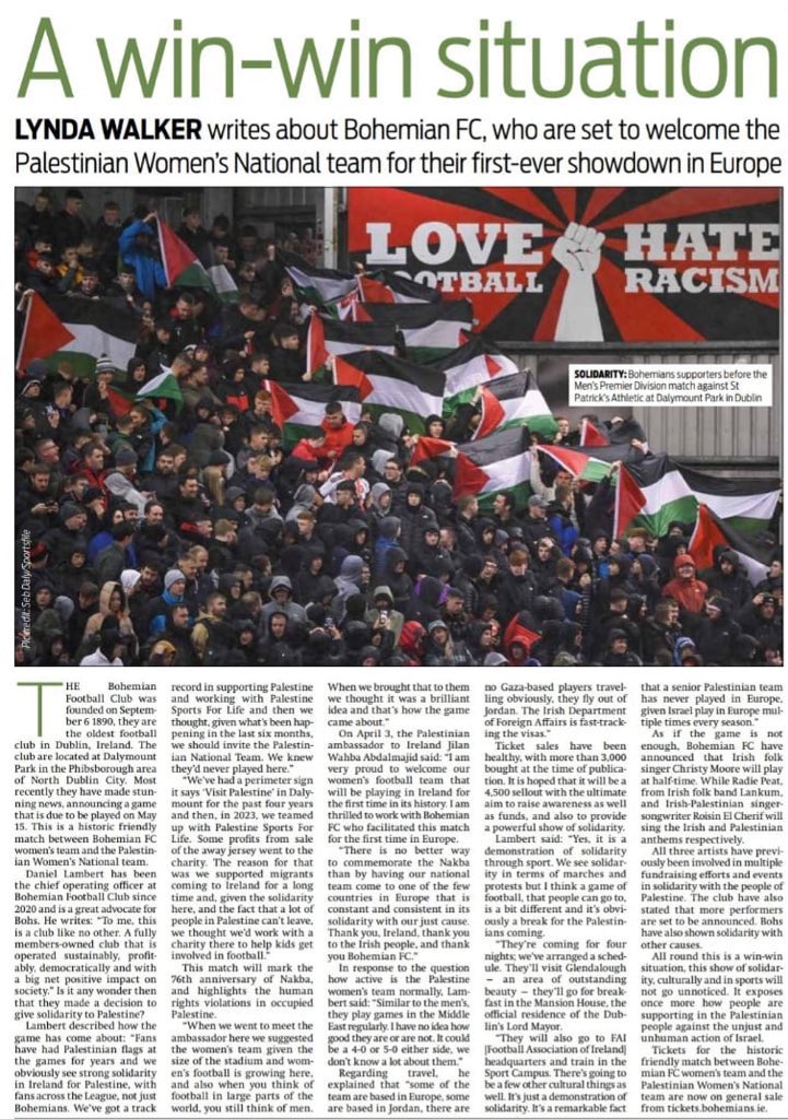 🗞️ Next month’s historic solidarity game between Bohemians and Palestine Women’s National team featured in @M_Star_Online. 🗓️ The game takes place on Wednesday May 15 at Dalymount Park with proceeds funding the trip and Palestinian charities. 🎟️ Tickets:…