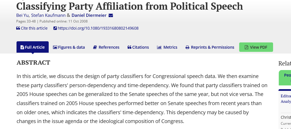 Drs. Yu, @StefanKaufmann, & @DanielDiermeier explore the design of party classifiers for Congressional speech & the person-dependency & time-dependency of these classifiers. ➡️Dependency can occur because of changes in the issue agenda or the ideological composition of Congress.