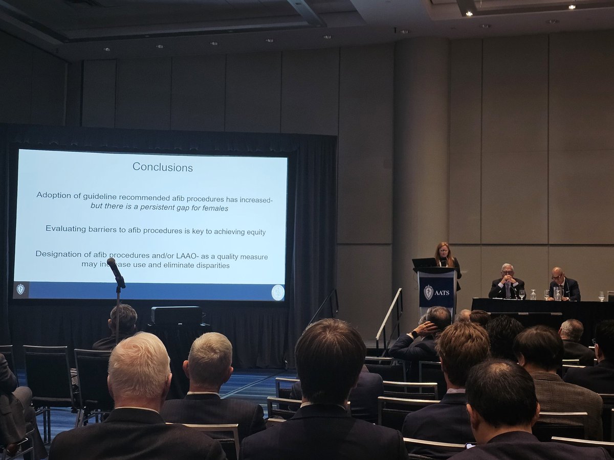 Excellent & provocative presentation from @UMichCTSurgery resident @katiewagnerMD on sex-related differences in afib procedures: Even after risk adjustment & multiple sensitivity analyses, female pts w preop afib less likely to undergo afib proc at time of CABG or AVR #AATS2024