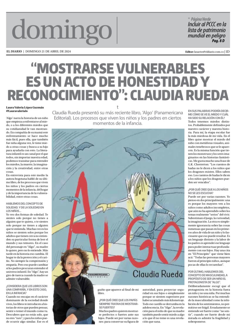 De las primeras notas que salieron de la FILBo. Hablamos con Claudia Rueda sobre su último libro, uno que habla de la niñez, de la vulnerabilidad, los miedos en los niños y en los adultos, entre otras cosas. @PanamericanaEdi #Filbo2024 #Literaturainfantil