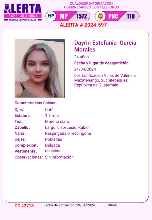 #AlertaIsabelClaudina
🚨 Ayúdenos a encontrar a

Dayrin Estefania García Morales
Desapareció el  24 de abril de 2024
Cualquier información comunicarse al teléfono 📞 1572
Gracias por difundir esta información❗