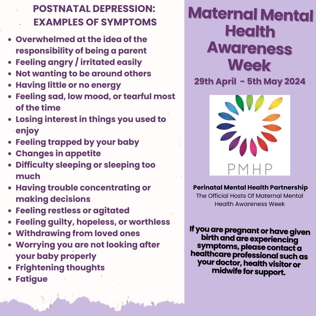 For #Maternalmentalhealthawarenessweek, we at @PMHPUK want to demystify perinatal mental illness. Here are some symptoms of #postnataldepression - pls seek support from your GP, Midwife or HV. @APNI_PND have great resources. #mmhaw #maternalmhmatters #perinatalmentalhealth