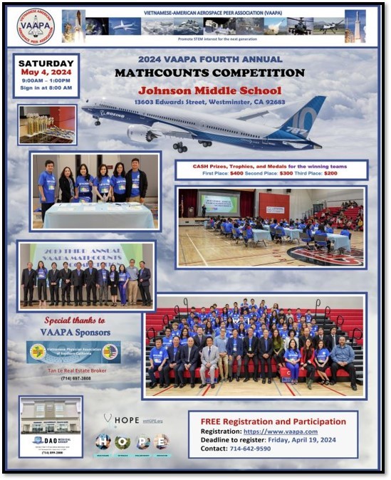 SUPPORT OUR STUDENTS: Come join our incredible scholars on Saturday, May 4 from 9 AM - 1 PM at the FOURTH ANNUAL Mathcounts Competition hosted by the Vietnamese-American Aerospace Peer Association (VAAPA). We hope to see you there cheering on our students! 🏆🎉