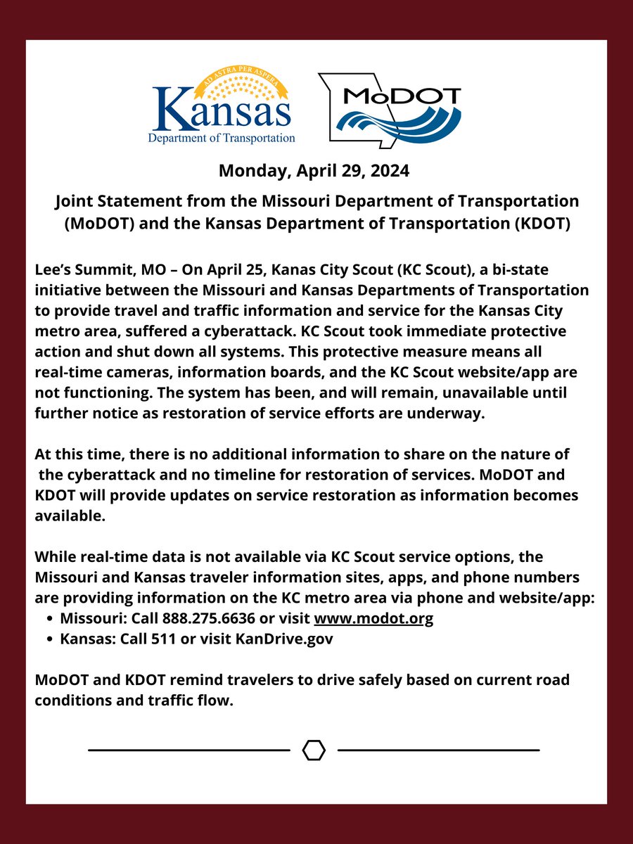 Joint Statement from the Missouri Department of Transportation (MoDOT) and the Kansas Department of Transportation (KDOT) @MoDOT_KC @KDOTHQ