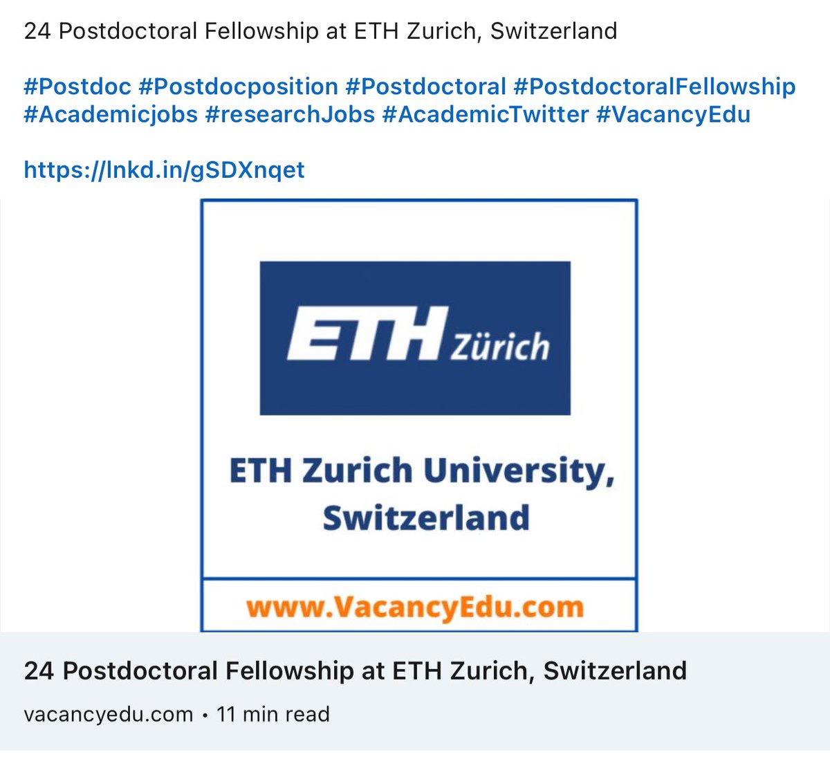 24 Postdoctoral Fellowships at ETH Zurich, Switzerland
#Postdoc #Postdocposition #Postdoctoral #PostdoctoralFellowship #Academicjobs #researchJob