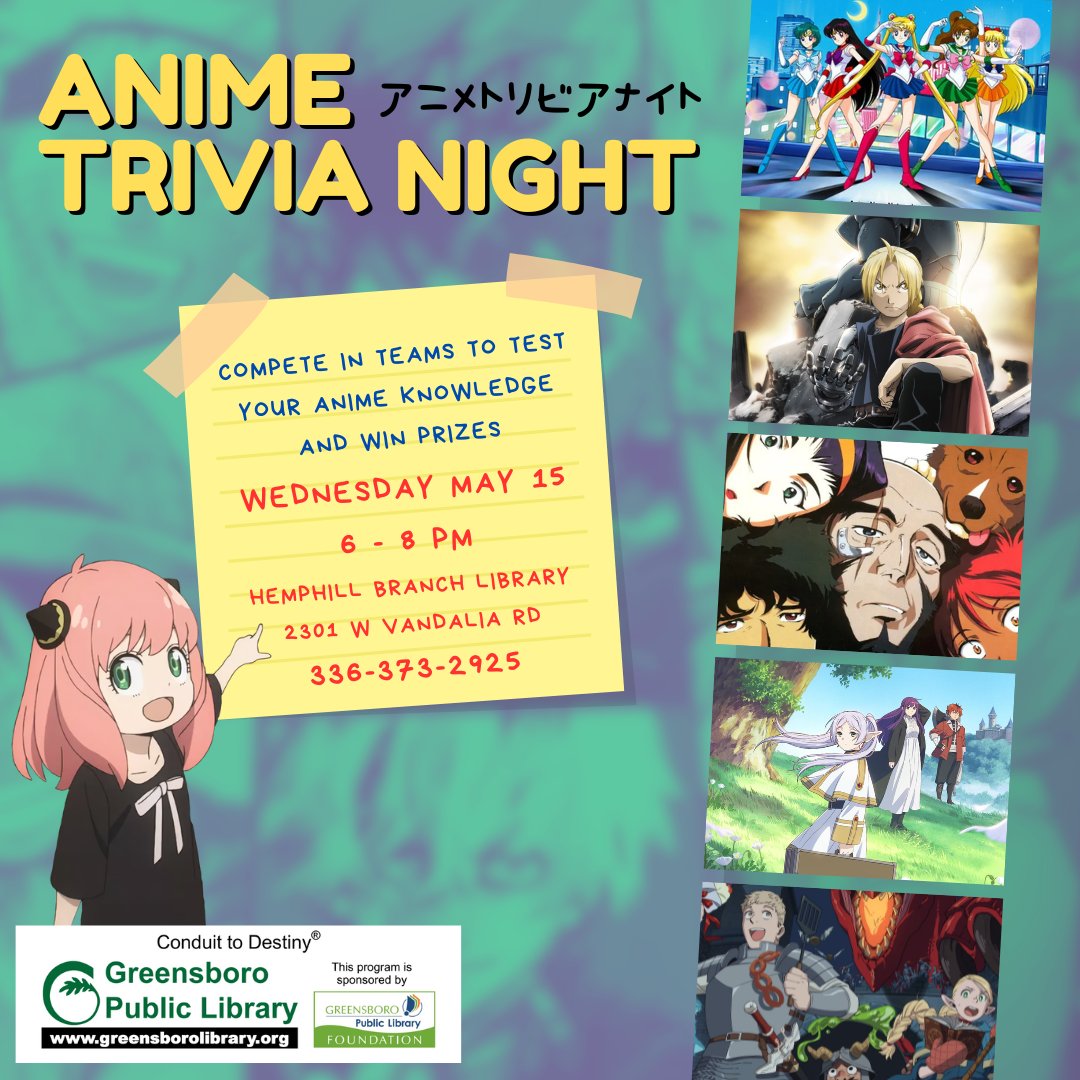 Join us at the Hemphill Branch Library for the ultimate test of your anime and manga knowledge! Compete together in teams to win anime themed prizes. Japanese snacks will be provided. Registration is not required but space & snacks are limited. Call 336-373-2925 for more info.