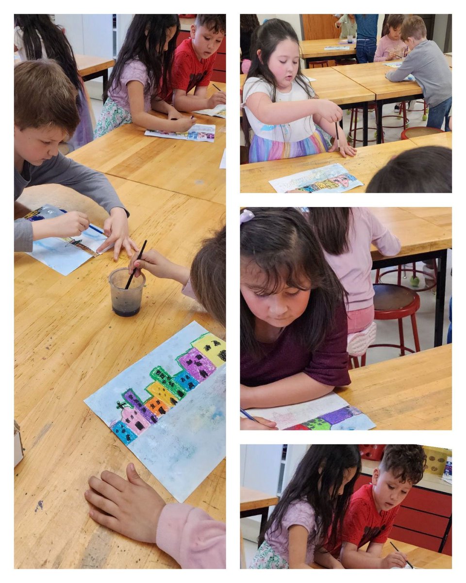 Columbine 1st graders read “Olivia Goes to Venice,” & studied Claude Monet's paintings of Venice. With oil pastels, they designed paintings with reflections like in the Venice canals! @KarlaAllenbach #SkylineCommunityStrong #StVrainStorm @SVPriorityPrgms