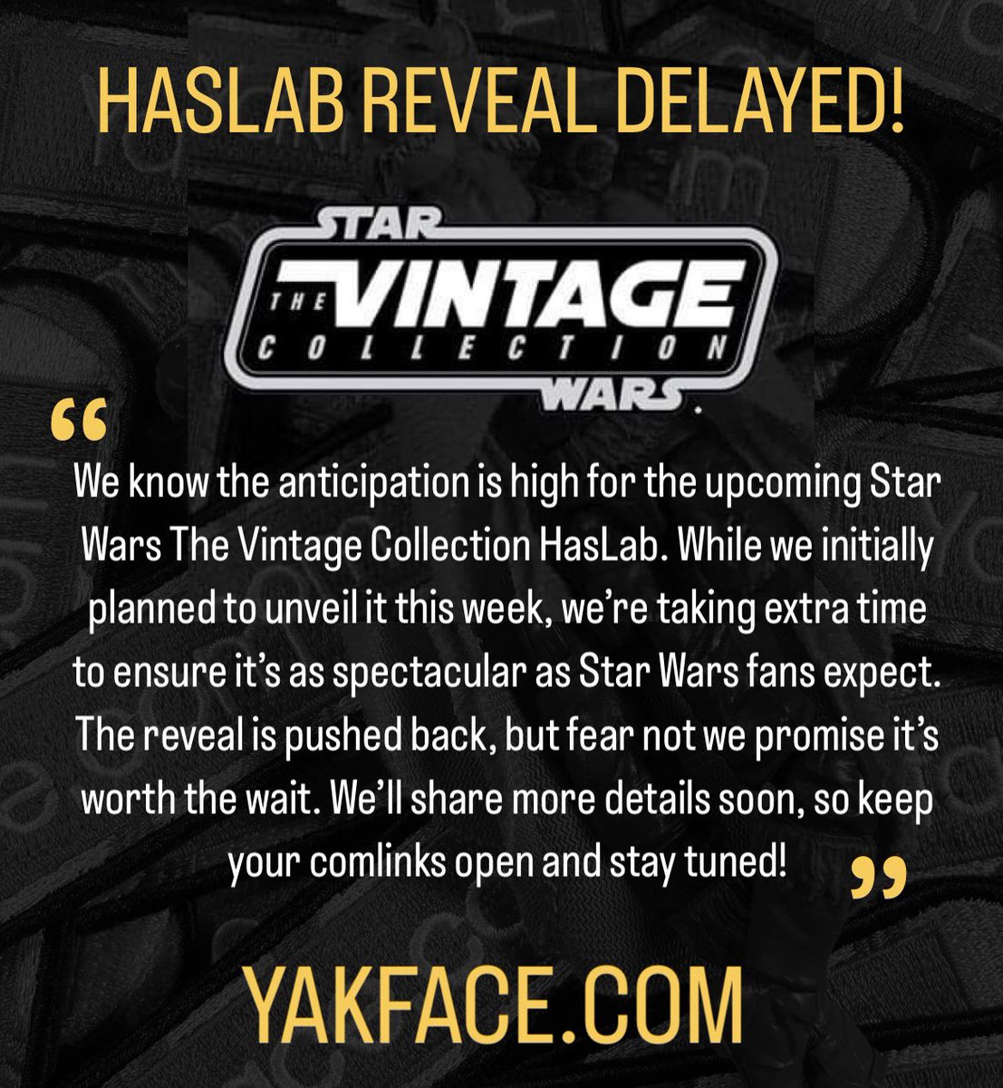 From Hasbro: “We know the anticipation is high for the upcoming Star Wars The Vintage Collection HasLab. While we initially planned to unveil it this week, we’re taking extra time to ensure it’s as spectacular as Star Wars fans expect. The reveal is pushed back, but fear not we…