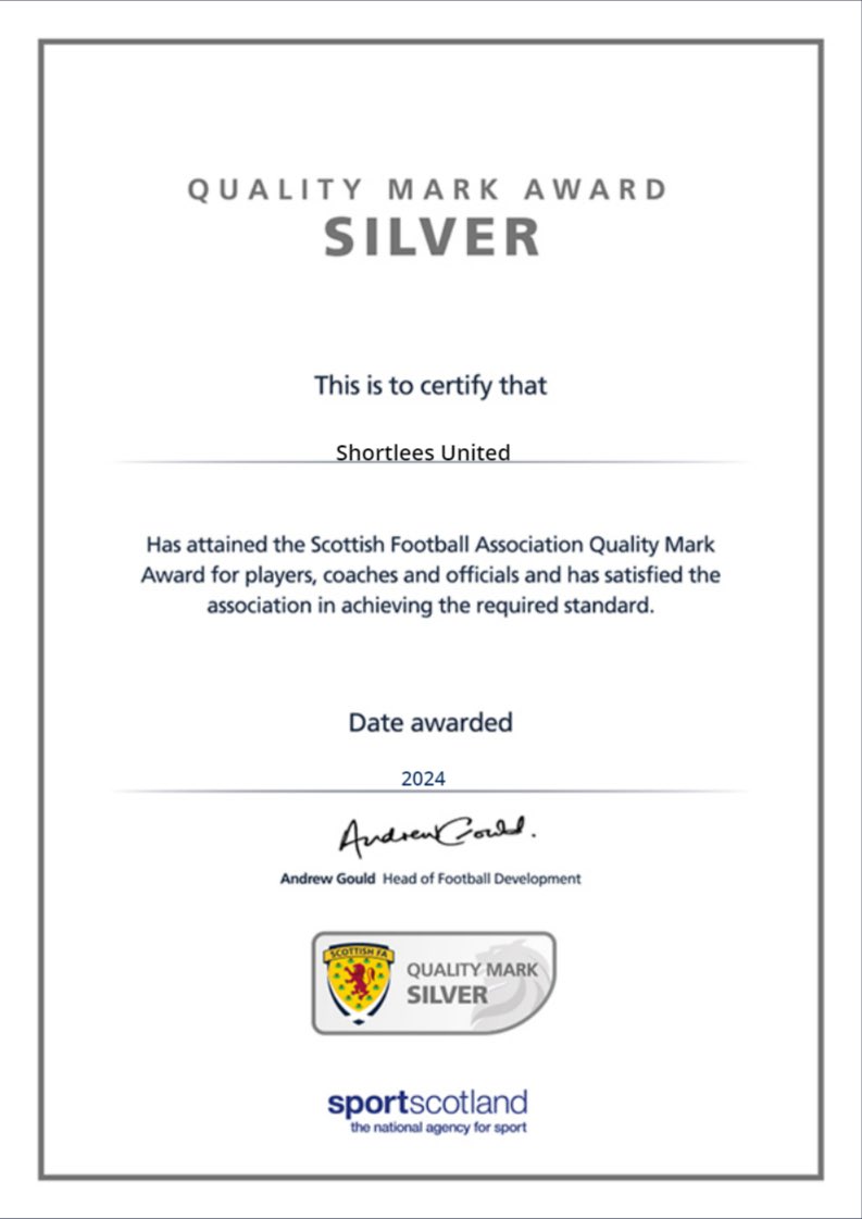 #QualityMark 🏴󠁧󠁢󠁳󠁣󠁴󠁿 ⚽️ Congratulations to Shortlees United, who achieved the Silver Award for the Scottish FA Quality Mark 👏