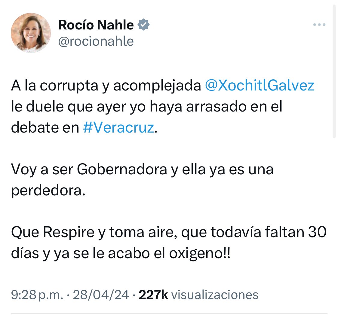 Cuando se arde la gente, no puede evitar demostrarlo

Tocaron fibras sensibles, a Rocío Nahle le dolió más la madriza que le acomodó Xóchitl a la #NarcoCandidata que a la misma Claudia. 

Les voy a decir claro y conciso, Rocío Nahle es más corrupta, ladrona, que el mismo Emilio