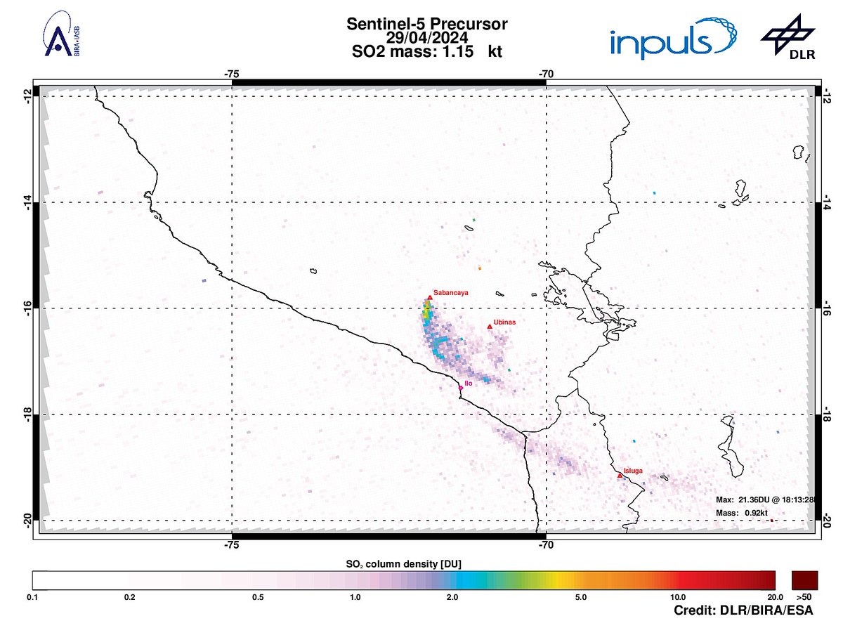 On 2024-04-29 #TROPOMI has detected an enhanced SO2 signal of 5.06DU at a distance of 12.8km to #Sabancaya. Other nearby sources:  #Ubinas. #DLR_inpuls @tropomi #S5p #Sentinel5p @DLR_en @BIRA_IASB @ESA_EO #SO2LH
