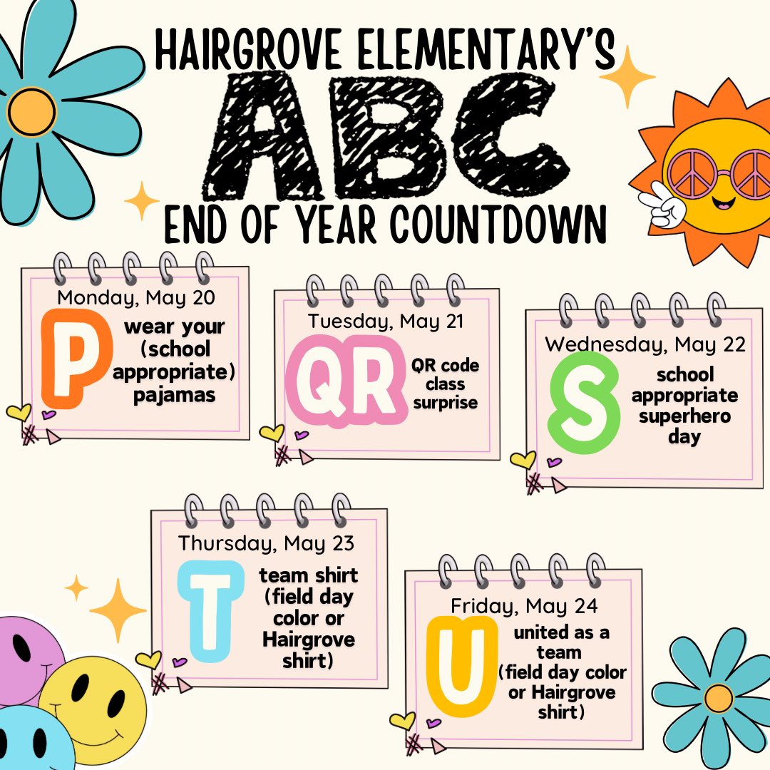 Hairgrove Elementary’s ABC Countdown calendar! ☀️🕶️🐬

*the last week is posted below!
#HairgroveWave