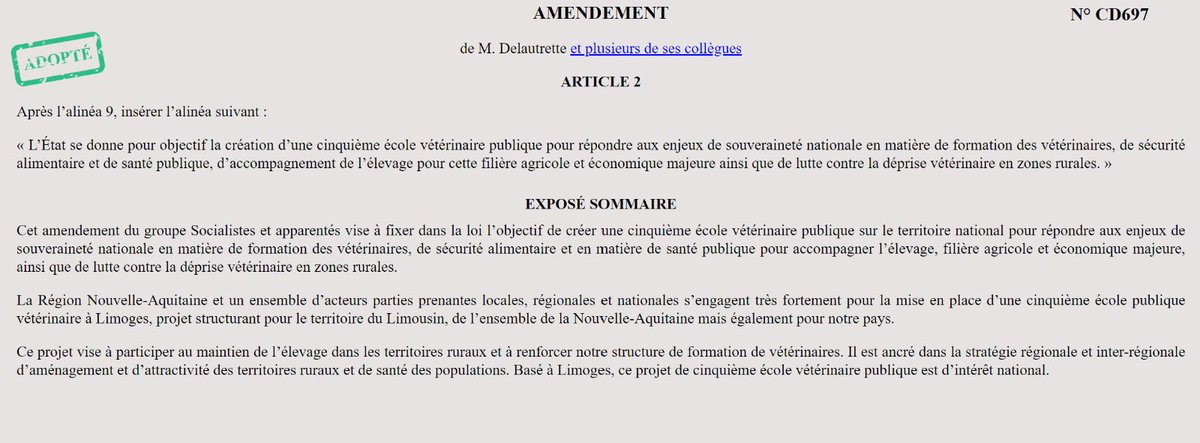 ✌️ÉCOLE VÉTÉRINAIRE ✅ 1ere victoire en @AN_DevDur ce soir : mon amendement du projet de Loi d'Orientation Agricole pour la création d'une 5è école vétérinaire publique est adopté ! Tout est prêt à #Limoges. Il ne manque que le cadre législatif. Nous nous y employons !…