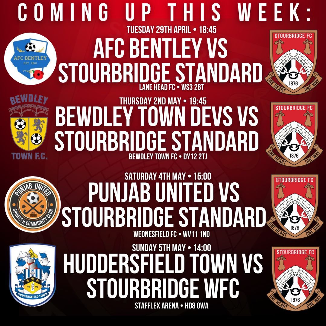 It’s a busy week for Stourbridge Standard with their three final league games of the season coming in the space of 5 days! Two wins from three will see them gain promotion 😮‍💨 @StourbridgeWFC finish their season with a trip to already relegated @HTAFCWomen on Sunday 🔴⚪️