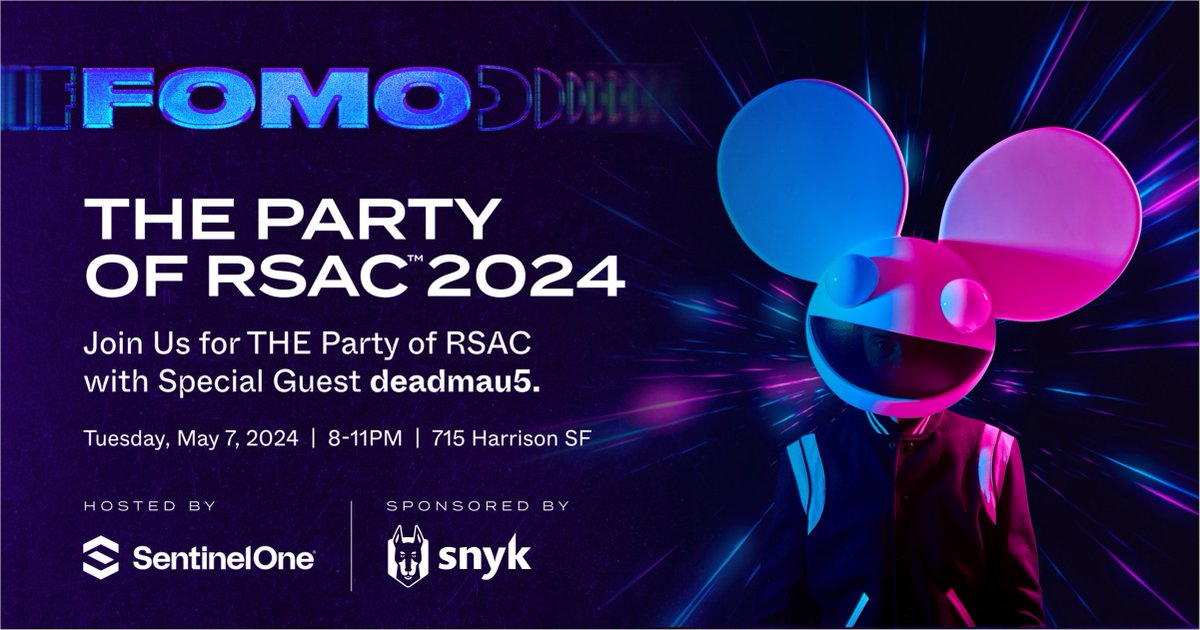 This is one #RSAC party you won't want to miss!

Join <a href="/SentinelOne/">SentinelOne</a> and Snyk for an evening of delicious food &amp; drinks, amazing music, lively conversation with your peers, and an awesome performance from <a href="/deadmau5/">Goat lord</a>!

Request your ticket today: bit.ly/3UEEJP5