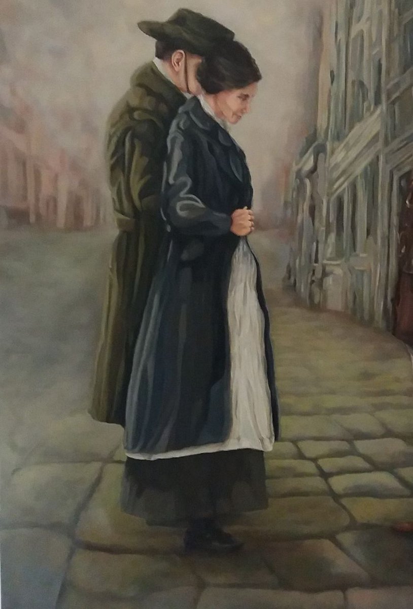 #OTD in 1916, Padraig Pearse surrendered to General Lowe. You can just see nurse, Elizabeth O' Farrell's shoes in this photograph of the surrender. Artist Sinead Guckian reversed the Pearse surrender photograph to reveal her in the below painting which hangs in the Seanad.