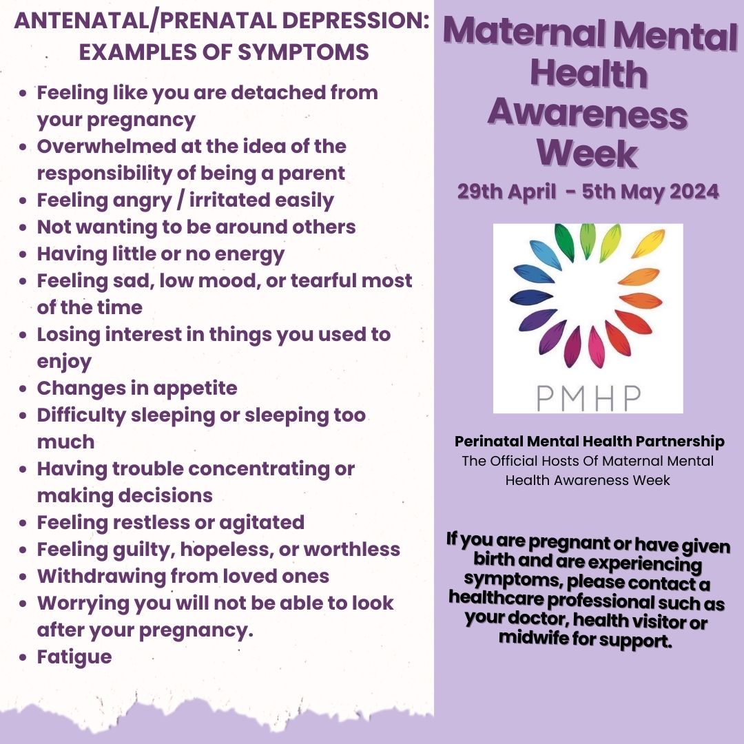 For #Maternalmentalhealthawarenessweek, we at @PMHPUK want to demystify perinatal mental illness. Here are some symptoms of #antenataldepression - pls seek support from your GP, Midwife or HV. @tommys have great resources. #mmhaw #maternalmhmatters #perinatalmentalhealth