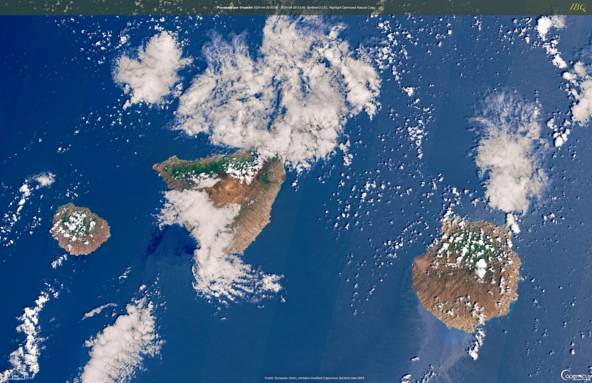 Buenas noches @tenerife_meteo Así se veían hoy las islas centrales de #Canarias #LaGomera #Tenerife y #GranCanaria Nubosidad fragmentada con ligeros desarrollos. Imagen captada hoy por el 🛰️ SENTINEL-2