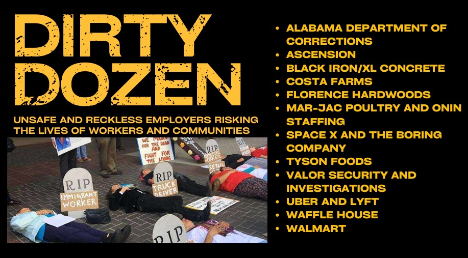 The DIRTY DOZEN report is out!

These are the 12 most dangerous employers to work for. 

Notably, @Uber & @Lyft are on there, as are @SpaceX, @WaffleHouse and @Walmart.

Please amplify this thread to call these companies out! 

Details about each company follow. #UnionsForAll