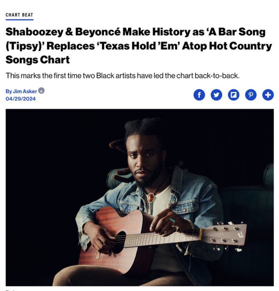 COWBOY CARTER collaborator @ShaboozeysJeans tops this week’s Billboard Hot Country Songs Chart with his new hit “A Bar Song (Tipsy),” knocking #TEXASHOLDEM off the top spot. This marks the first time in the history of the chart that it has been led by two Black artists.