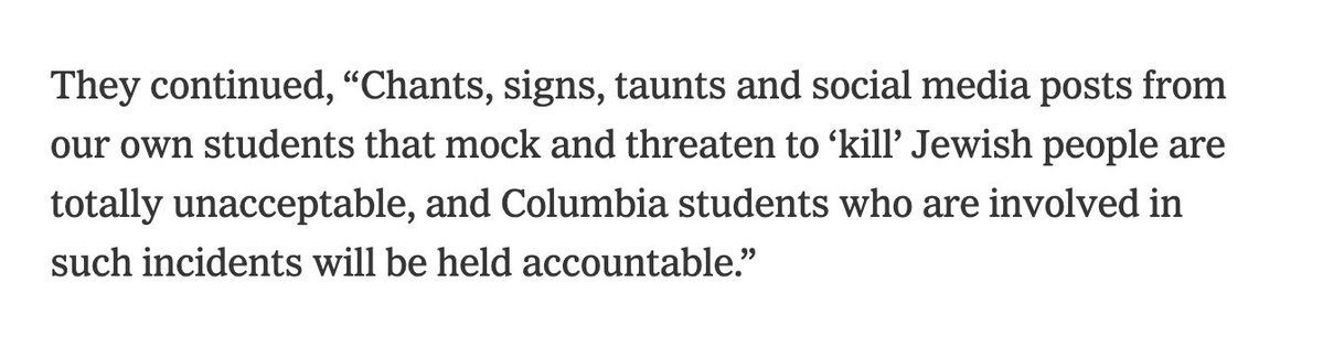 Misleading new @nytimes piece on the protests titled 'What Makes a Protest Antisemitic' alludes to students threatening to 'kill' Jews but neglects to mention that the person who said 'kill the Jews' was a *zionist* protester waving an Israeli flag.