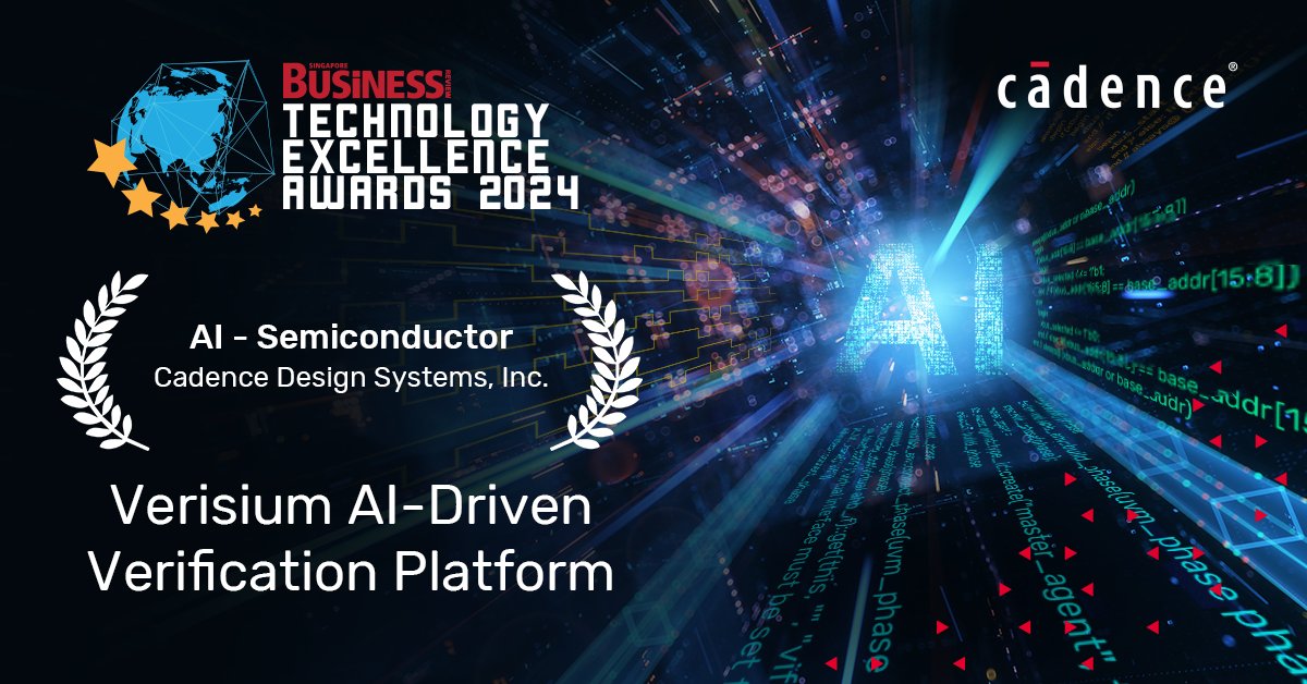 We're thrilled to announce that Cadence has won the AI - Semiconductor category award at the SBR Technology Excellence Awards 2024 for our Verisium #AI-Driven Verification Platform! Thank you to Singapore Business Review Magazine for this honor! ow.ly/Bj0K50RovL6 #SBRawards