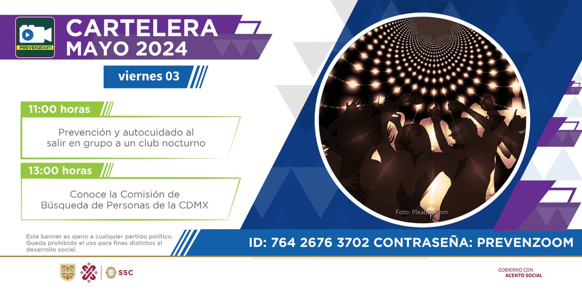 La #SSC te invita a participar en el ciclo de conferencias que imparte la Dirección General de Prevención del Delito. ¡Consulta la cartelera del día! Únete 👉 bit.ly/3ehPykz ID de reunión: 764 2676 3702 Contraseña: PREVENZOOM. #CiudadSegura